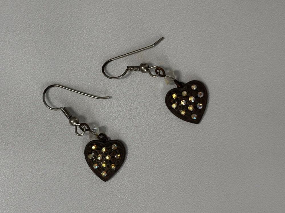 Gunmetal bronze metal heart shaped earrings with rhinestone embellishments